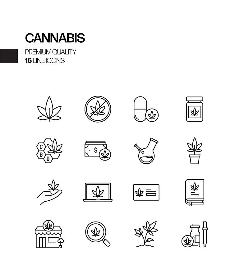 Simple Set of Cannabis Related Vector Line Icons. Outline Symbol Collection Drawing by Designer