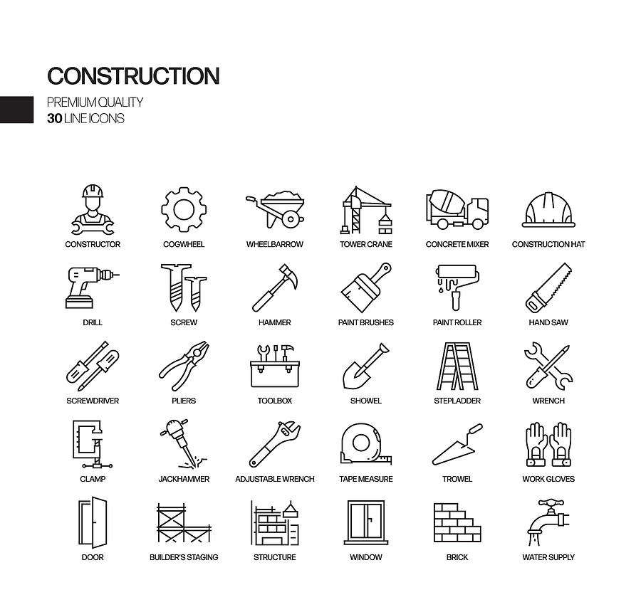 Simple Set of Construction Related Vector Line Icons. Outline Symbol Collection. Drawing by Designer