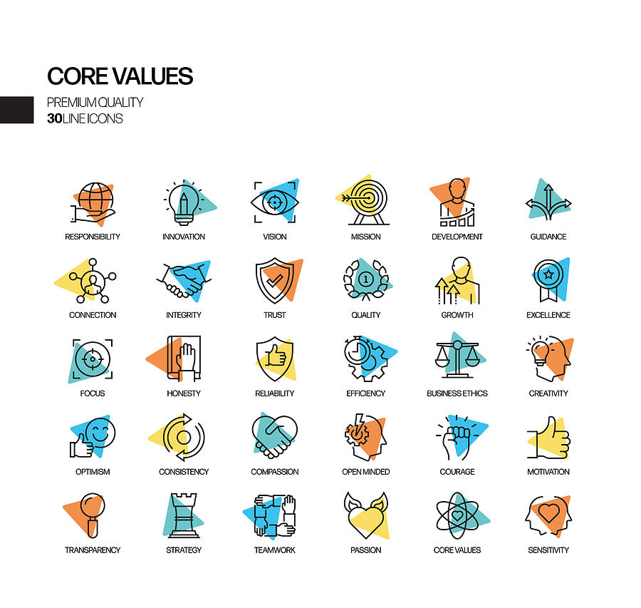 Simple Set of Core Values Related Spotlight Vector Line Icons. Outline Symbol Collection. Drawing by Designer