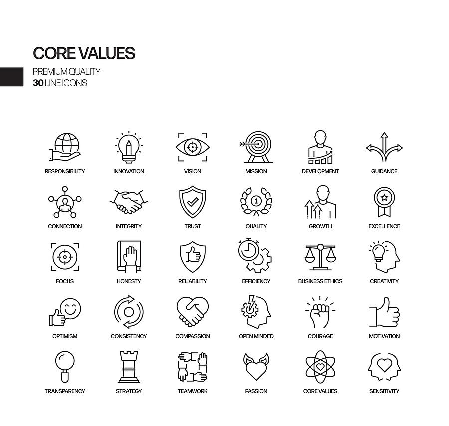 Simple Set of Core Values Related Vector Line Icons. Outline Symbol Collection. Drawing by Designer