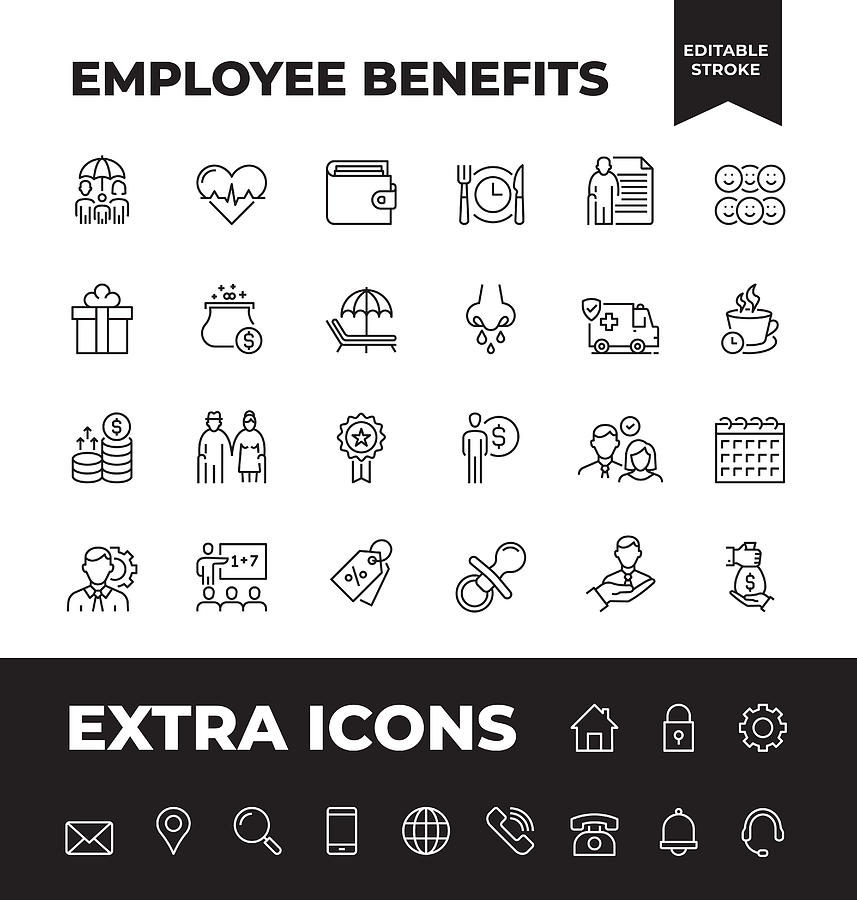Simple Set of Employee Benefits Vector Line Icons Drawing by Illustrator de la Monde