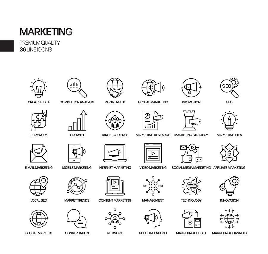 Simple Set of Marketing Related Vector Line Icons. Outline Symbol Collection Drawing by Designer