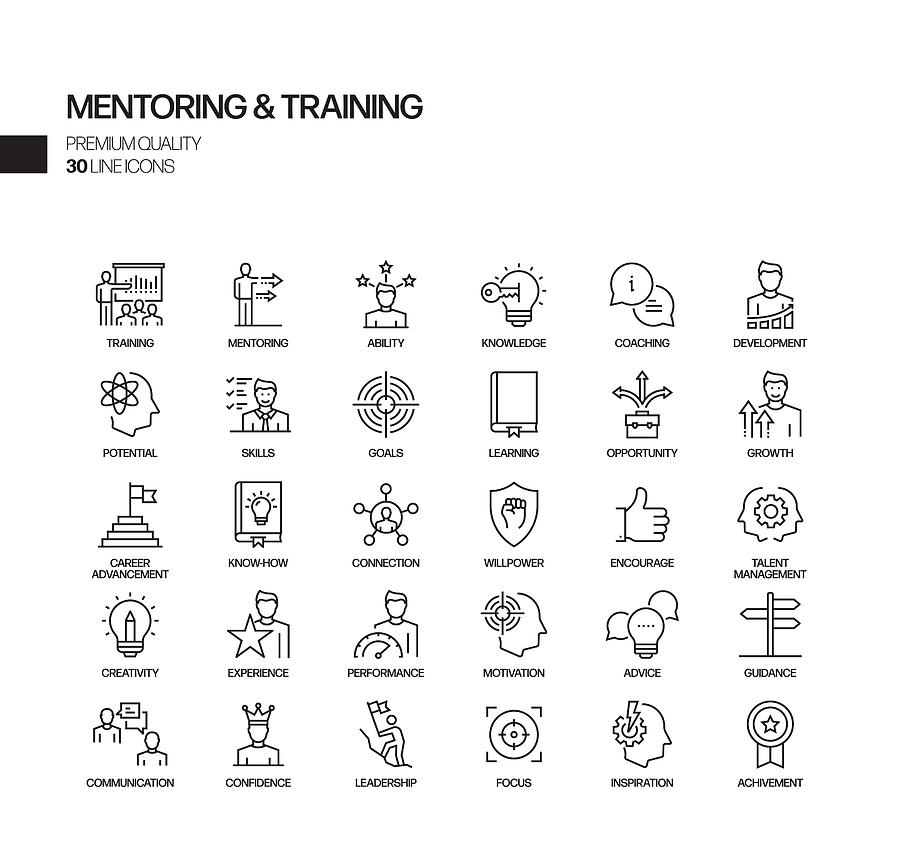 Simple Set of Mentoring and Training Related Vector Line Icons. Outline Symbol Collection Drawing by Designer