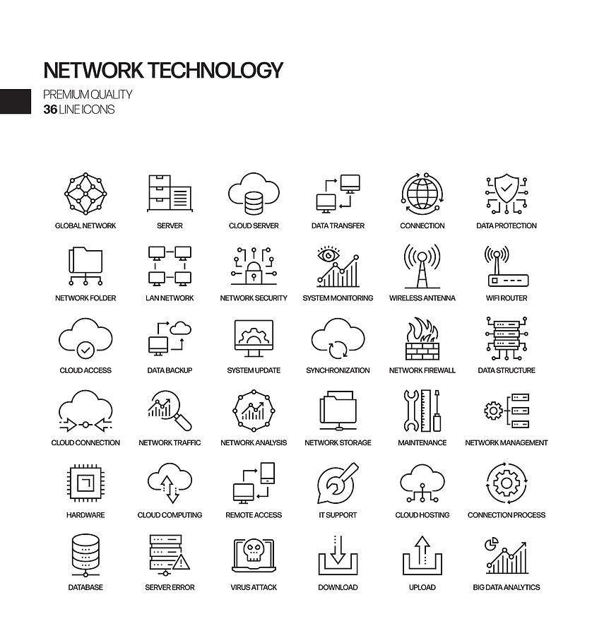 Simple Set of Network Technology Related Vector Line Icons. Outline Symbol Collection. Drawing by Designer