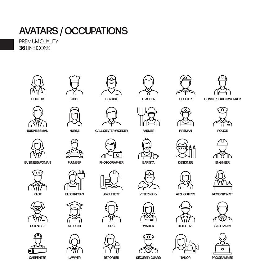 Simple Set of Occupations and Avatars Related Vector Line Icons. Outline Symbol Collection. Drawing by Designer