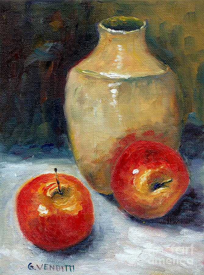 Simple White Vase With Two Red Apples On White Cloth Kitchen Still Life Painting Grace Venditti Art Painting by Grace Venditti