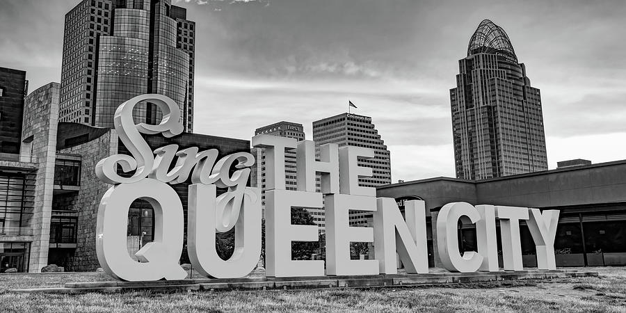 Sing The Queen City Skyline Panorama - Cincinnati Ohio Monochrome Photograph by Gregory Ballos