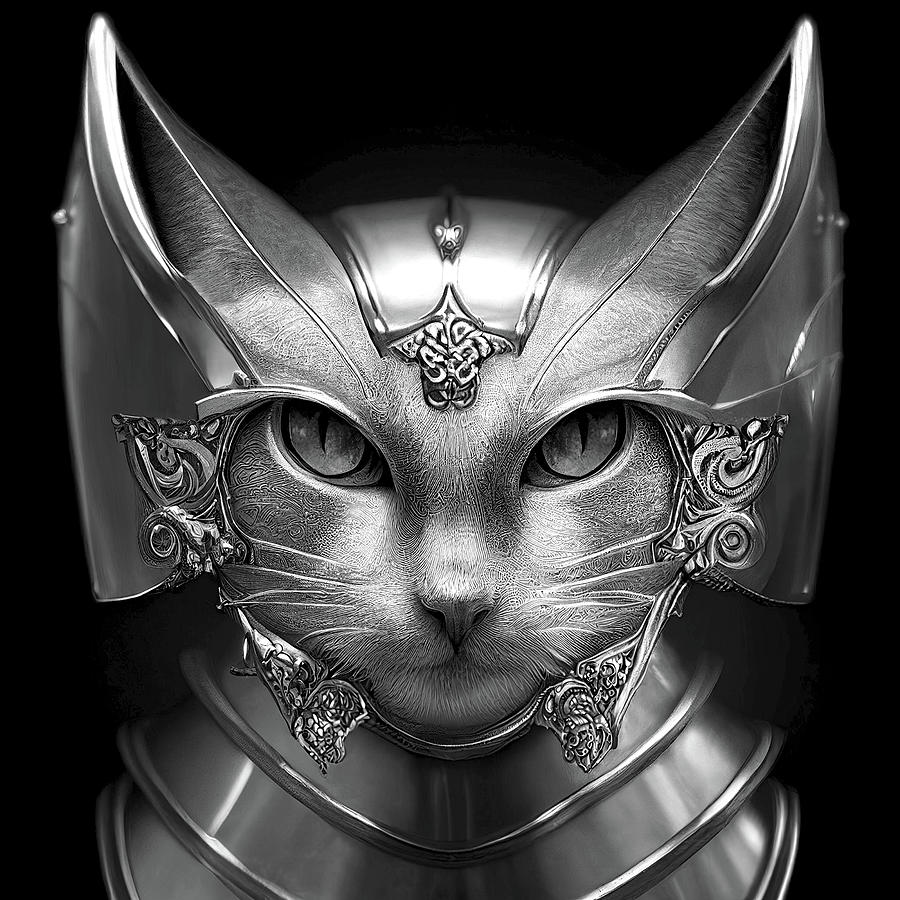 Singa the Warrior Cat - Black and White Digital Art by Peggy Collins