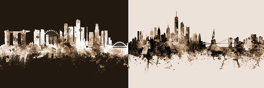 New York City Digital Art - Singapore and New York Skyline Mashup by Michael Tompsett