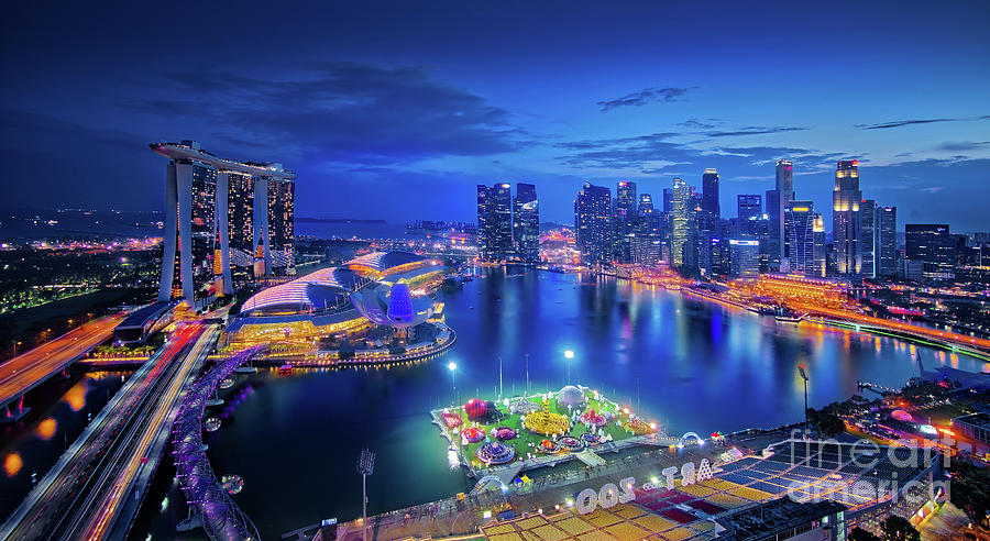 Singapore city skyline at blue hour cityscape photo Photograph by ...