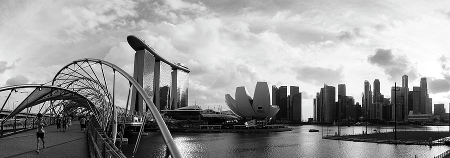 Singapore Marina Bay and the Helix Bridge Black and White Photograph by Sonny Ryse