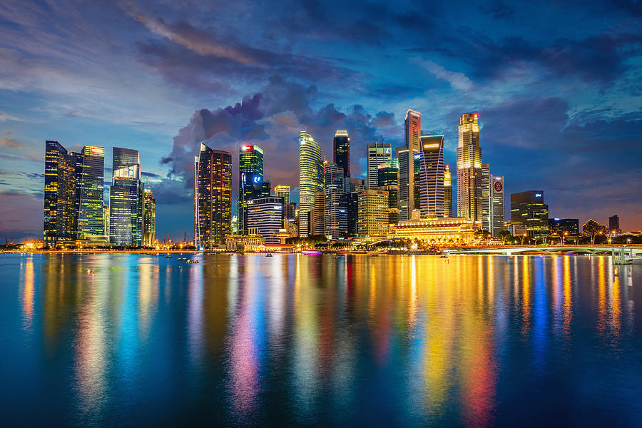Singapore Marina Bay Cityscape Panorama at Dusk Photograph by Mlenny