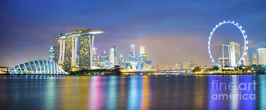 Singapore skyline at night Photograph by Delphimages Photo Creations