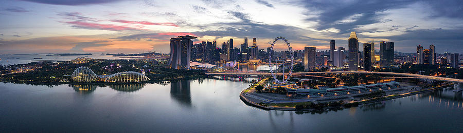 Singapore Skyline at sunset aerial superwide Photograph by Sonny Ryse
