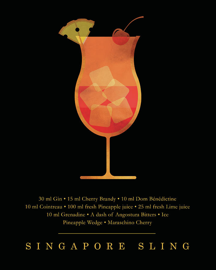 Singapore Sling Cocktail - Classic Cocktail Print - Black And Gold - Modern, Minimal Lounge Art Digital Art