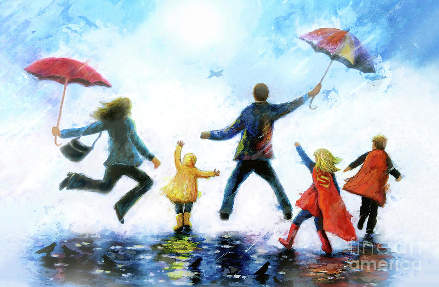 Singing in the Rain three blonde kids Painting by Vickie Wade
