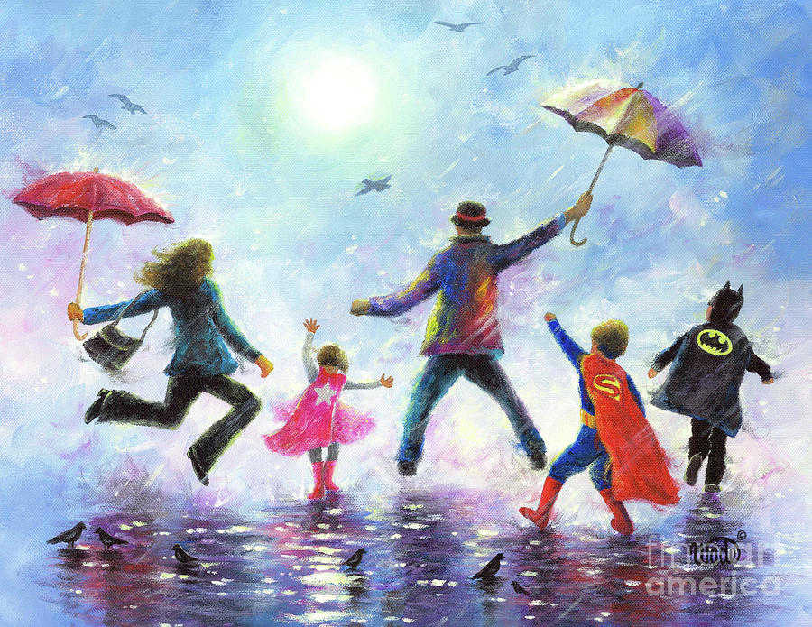 Singing in the Rain three super hero kids Painting by Vickie Wade