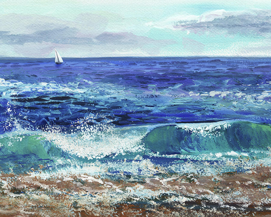 Single Boat At The Ocean Shore Seascape Painting by Irina Sztukowski