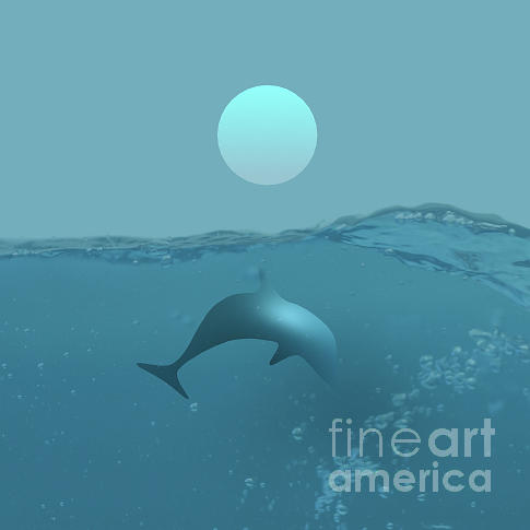 Single Dolphin Underwater at Full Moon Digital Art by Barefoot Bodeez Art