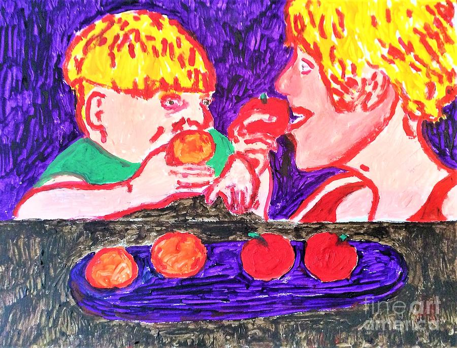 Single Mom eats apples while Son eats peaches BOTH Staring thru the pain of COVID quarantine Painting by Richard W Linford