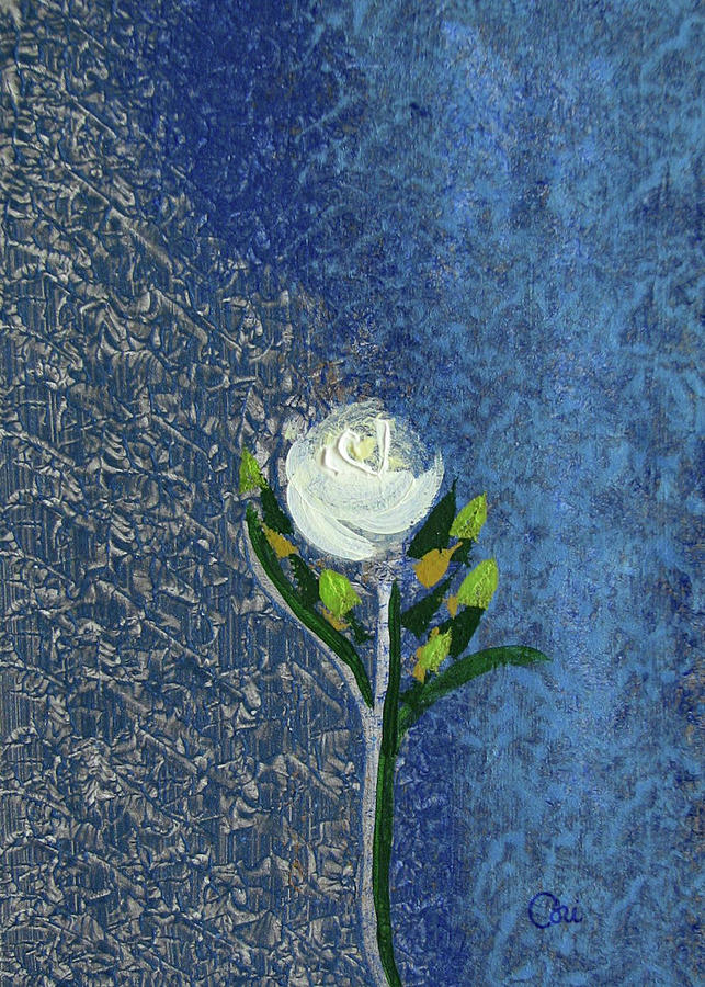 Single White Rose on Blue Painting by Corinne Carroll