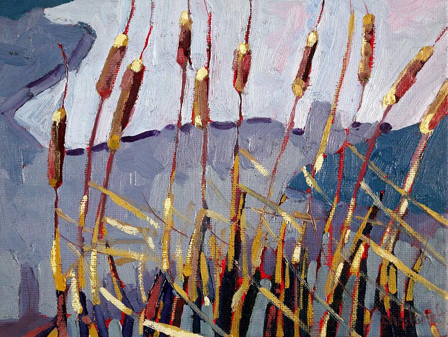 Singleton Ice Edge Cattails Painting by Phil Chadwick