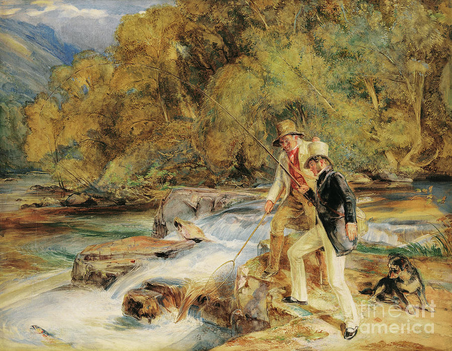 Sir Edwin Landseer, RA with a ghillie fishing for salmon Painting by John Frederick Lewis