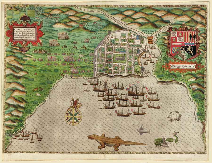 Map Drawing - Sir Francis Drakes West Voyage to the West Indies Santo Domingo 1589 by Vintage Maps