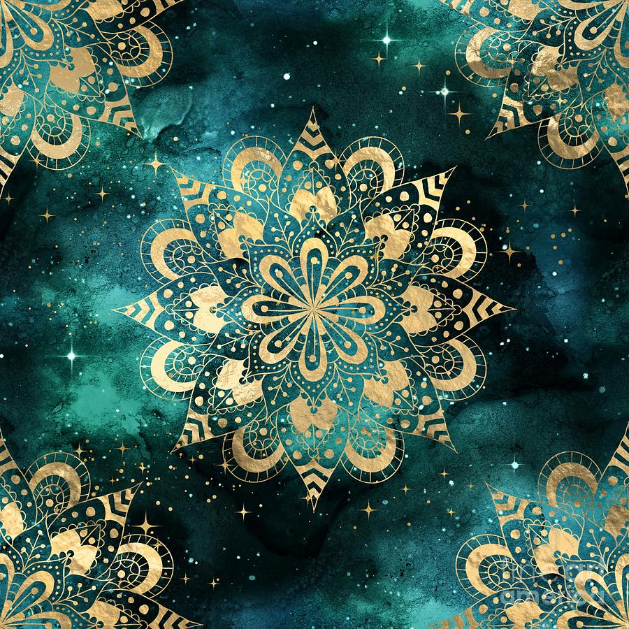 Sirana - Teal Gold Watercolor Mandala Galaxy Dharma Pattern Digital Art by Sambel Pedes