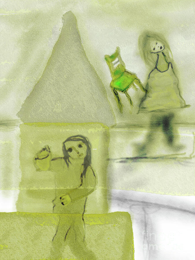 Sisters And Green Chair Drawing by Bill Owen