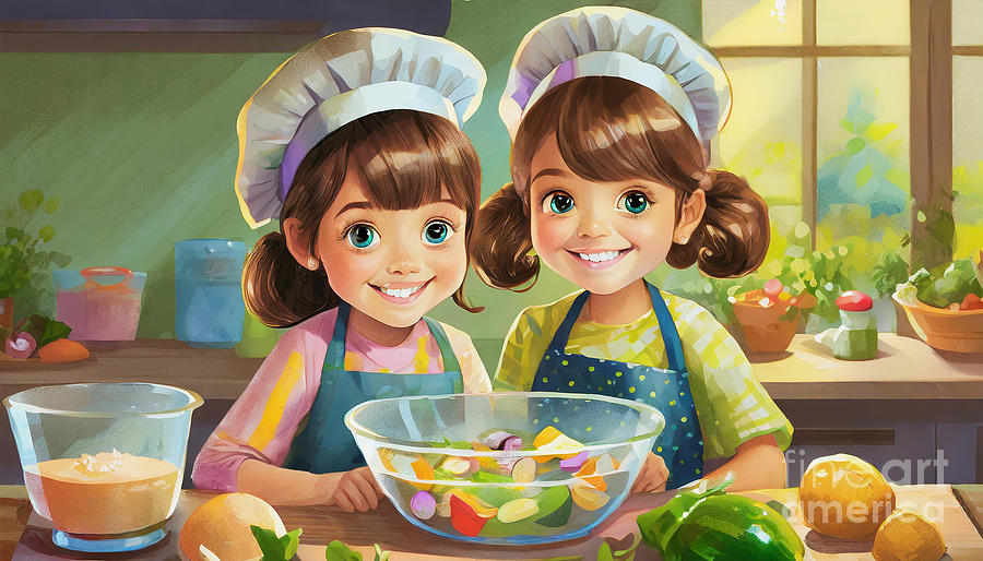 Sisters Have Fun Playing Chefs In Their Home Kitchen Digital Art