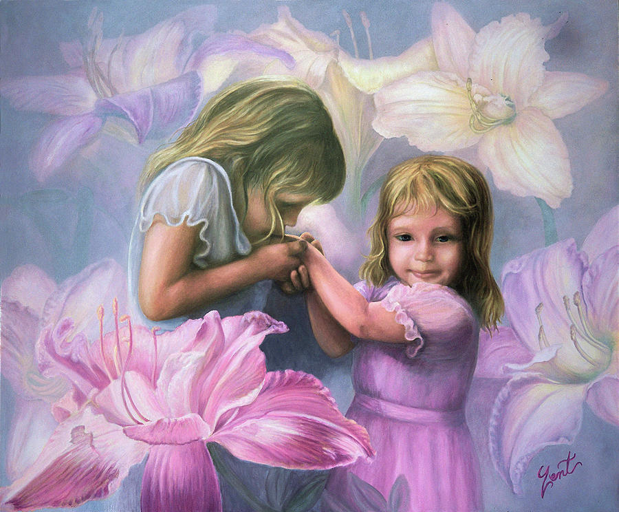 Sisters Kiss The Hurt Away Painting by June Pauline Zent