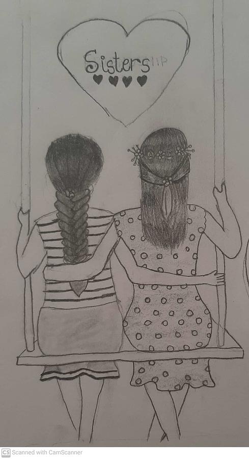 Sketch of two sisters hand drawn by black pencil. Sketch of two sisters  with braided hair hand-drawn by black pencil on white | CanStock