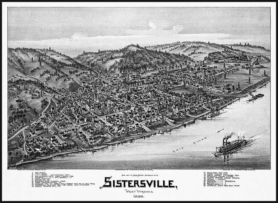 West Virginia Map Photograph - Sistersville West Virginia Vintage Map Birds Eye View 1898 Black and White by Carol Japp