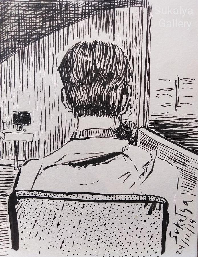Sitting behind a man Drawing by Sukalya Chearanantana