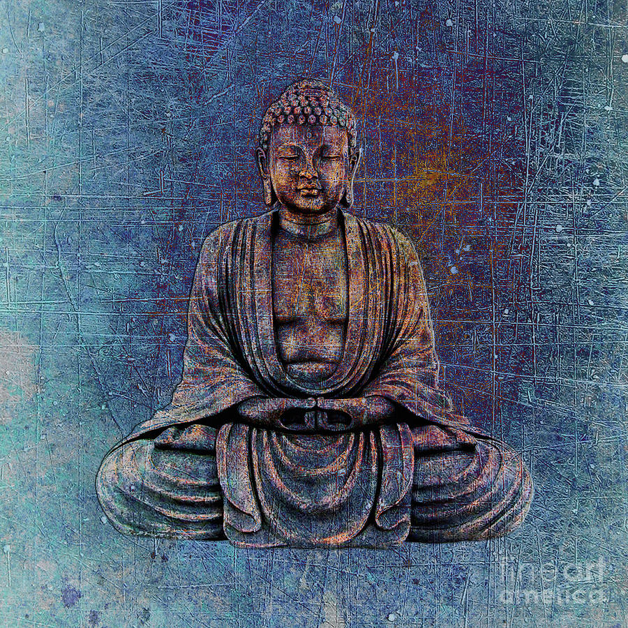 Sitting Buddha on Distressed Stone with Blue Hues Digital Art by Fred Bertheas