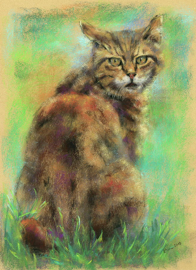 Sitting cat portrait Painting by Karen Kaspar
