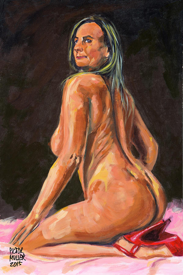 Nude Painting - Sitting on my red stiletto heels by Pictor Mulier