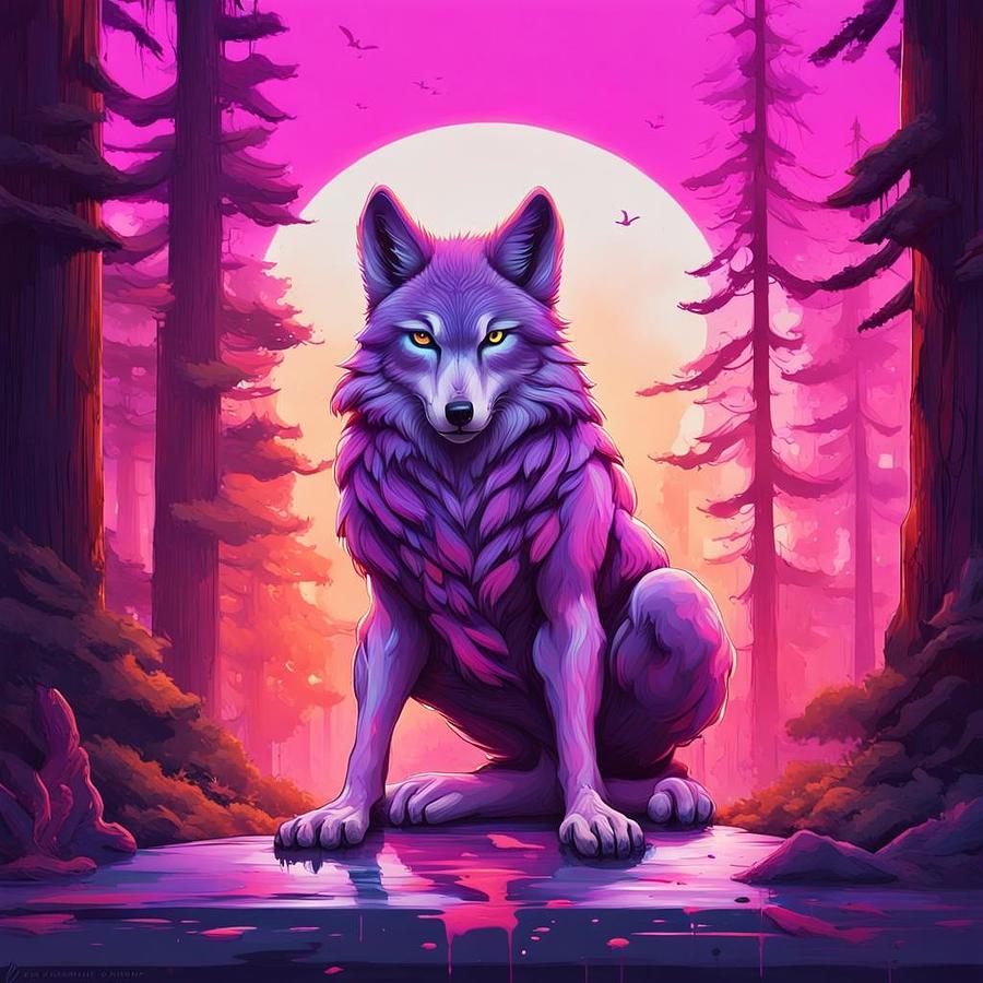 Sitting Wolf in the Neon Redwoods Digital Art by Sweet Colene Art ...