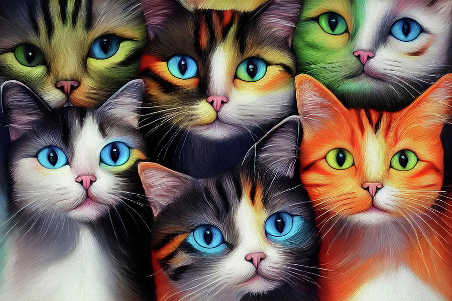 Six Cats - A Cat Lady Fantasy Digital Art by Peggy Collins