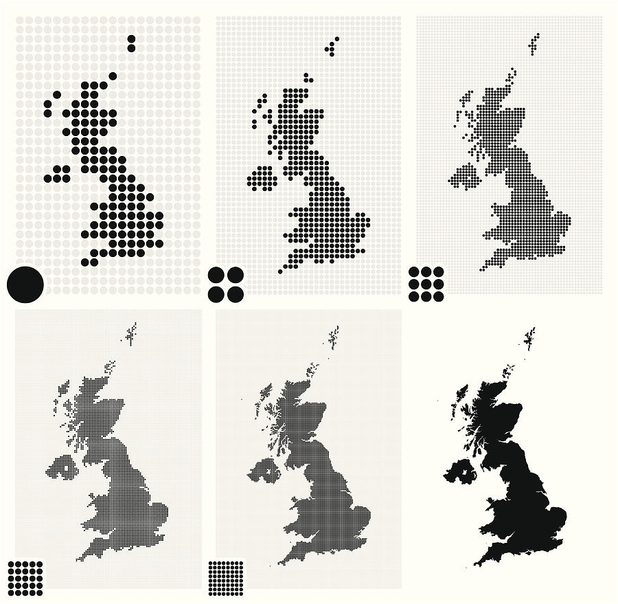 Six dotted maps of United Kingdom in different resolutions Drawing by -Antonio-