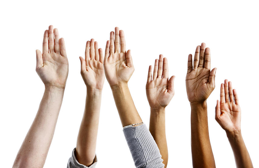 Six mixed hands raised against white background Photograph by RapidEye