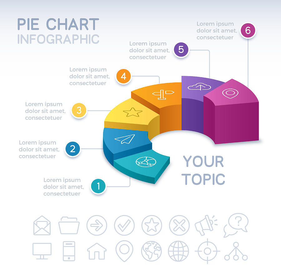 Six Section 3D Infographic Pie Chart Drawing by Filo