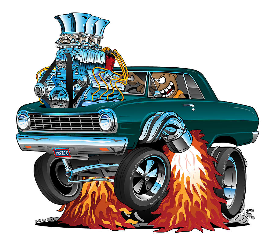 Sixties American Classic Muscle Car Cartoon Digital Art by Jeff Hobrath ...