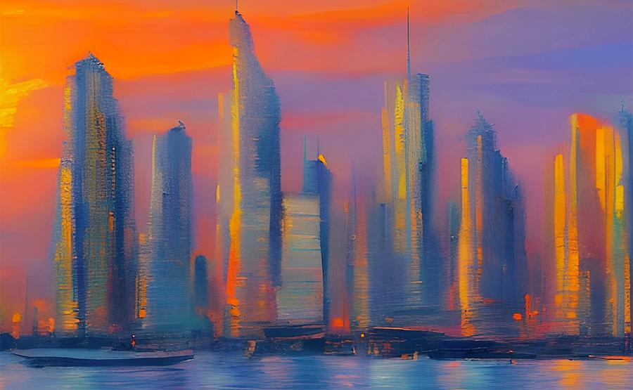 Sizzling Sunset Cityscape Painting by Bonnie Bruno