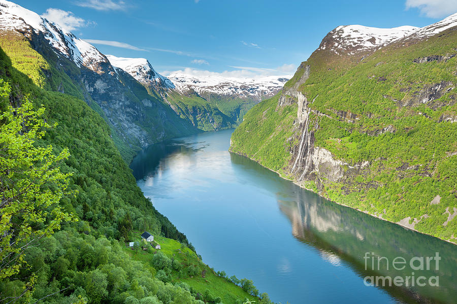 Nature Photograph - Skagefla farm and the Seven Sisters waterfall at Geirangerfjord, Norway by Justin Foulkes