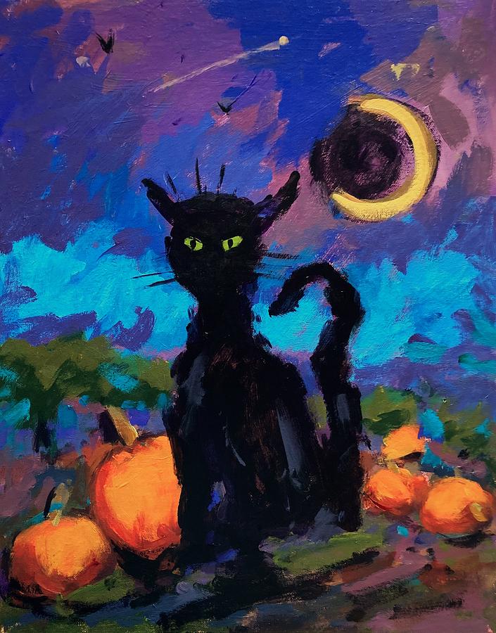 Skanky the Cat with moon and shooting star Painting by R W Goetting