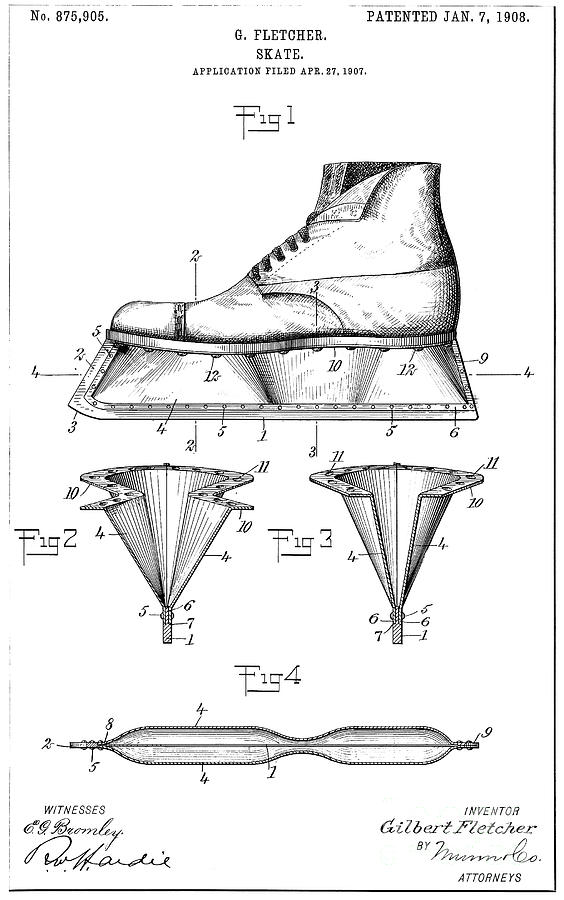 Skate Patent, 1908 Drawing by Gilbert Fletcher