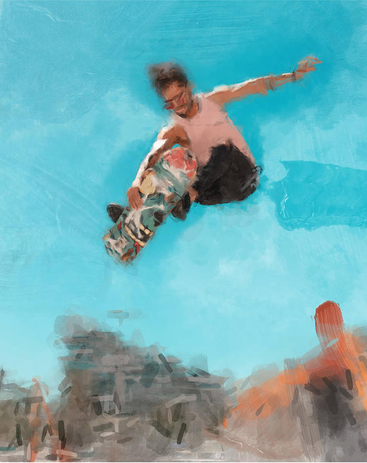 Skateboarder Jump Painting by Gary Arnold
