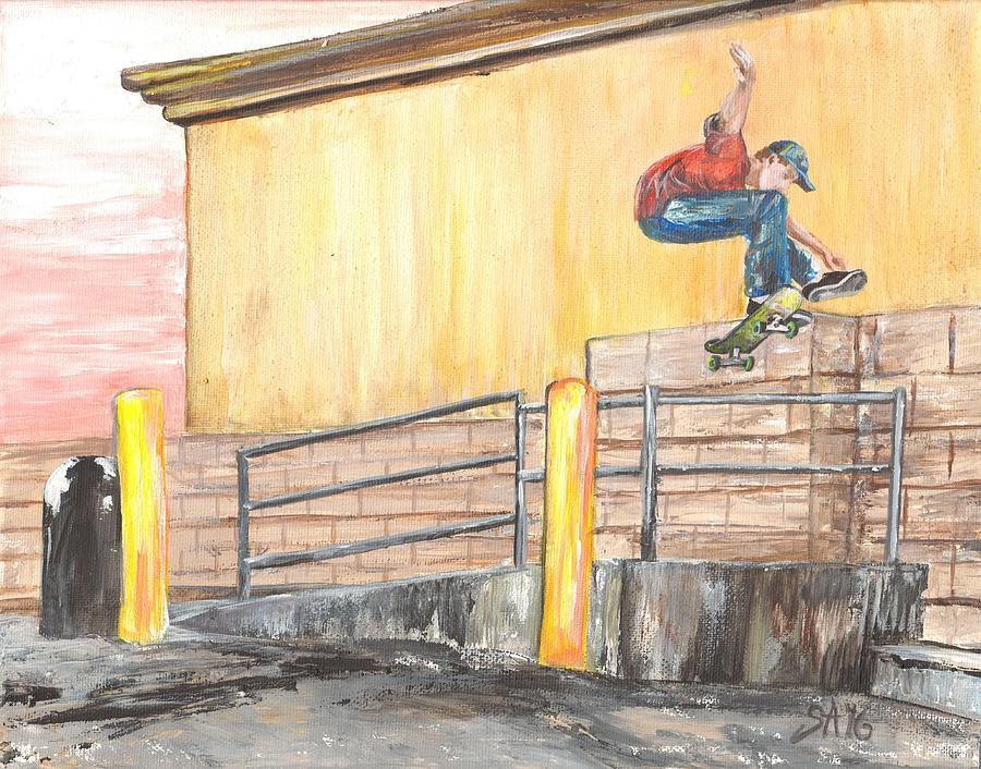 Skateboarding Boy in Red Painting by Sonya Allen